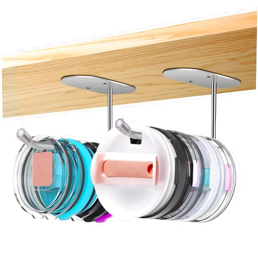 Baokcotei 2 Pack Tumbler Lid Organizer Cup Lid Organizers Inside Cabinet Suitable for Yeti Stanley Tumbler Lid Storage Hook Self Adhensive Under Cabinet Wall Mount Holder for Bags Keyrings Baseball Hats Holder