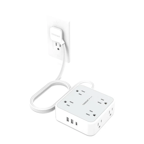 TESSAN Surge Protector Flat Extension Cord Flat Plug Power Strip, 8 AC Outlets, 3 USB Charger(1 USB C Port) 3-Sided Outlet Extender, 5 Ft, 900 Joules Protection, Office Supplies, Dorm Room Essentials, Grey