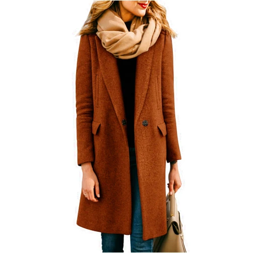 Yousify Women's 2023 Winter Pea Coats Casual Lapel Notched Mid Length Single-Breasted Wool Blend Trench Coat Jackets