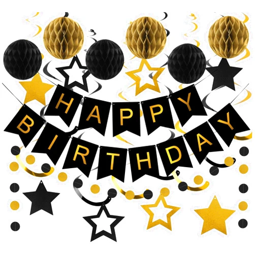 meowtastic Birthday Decorations, Happy Birthday Banner with Honeycomb Balls, Star Hanging Swirl Streamers, Circle Dot Garland, Happy Birthday Party Decorations for Women Men Boys Girls (Black & Gold)