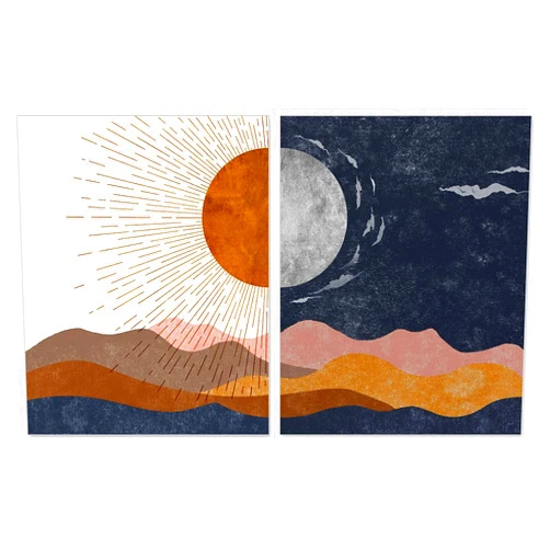 Handmade Sun and Moon, Boho Art, Decorative Wall Art, Desert Prints, Modern Abstract Art, Sunshine Decor, Bedroom Wall Art, Above Bed, Set of 2 Prints UNFRAMED (Large)
