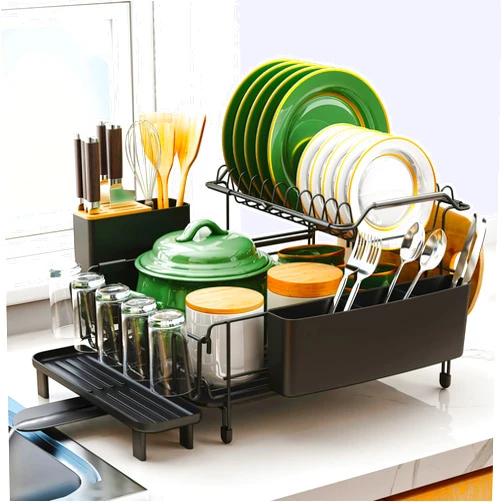 Runnatal Large Dish Drying Rack with Drainboard Set, Stainless Steel Detachable 2-in-1 Large-Capacity 2-Tier Over The Sink Anti-Rust Dish Drying Rack and Dish Drainer for Kitchen Counter