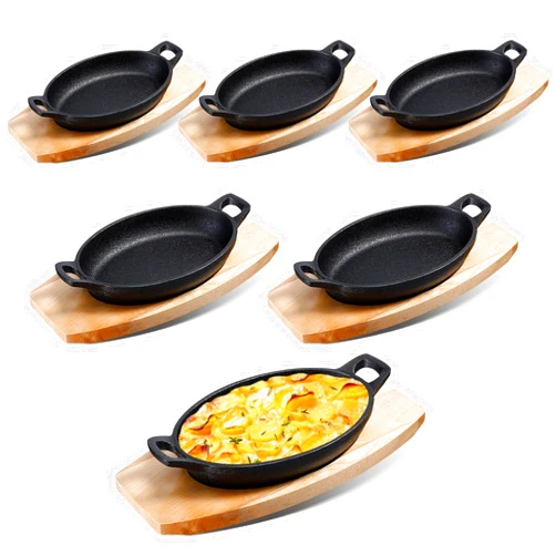 Mifoci 6 Sets Mini Cast Iron Skillets,oval Fajita Plates with Wooden Base Dish Tray Serving Sizzling Plate for Baking Roasting Cooking Grilling Appetizer (8.7x4.7x1.6 In)
