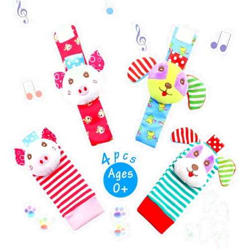 URUTOREO Baby Rattle,URUTOREO Baby Wrist Rattle and Foot Rattles Finder Socks Set, Developmental Soft Animal Rattles and Socks Toys Infant Baby Toys (4 Pcs)