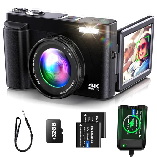 YIGLLO 4K Digital Camera for Photography Auto-Focus Vlogging Camera for YouTube Video with 3'' 180° Flip Screen 16X Anti-Shake 4K Camera Compact Cameras with SD Card, Flash, 2 Batteries & Battery Charger
