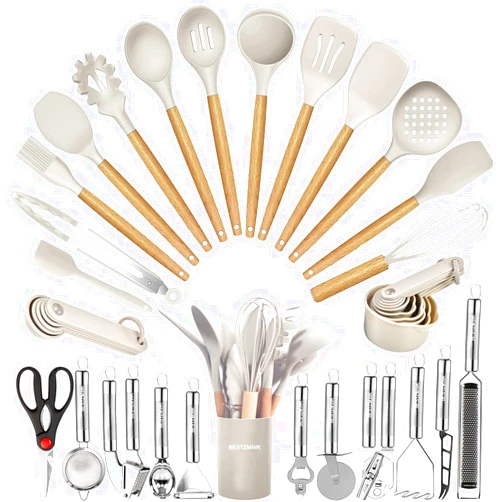 BESTZMWK Kitchen Utensils Set- 35 PCs Cooking Utensils with Grater,Tongs, Spoon Spatula &Turner Made of Heat Resistant Food Grade Silicone and Wooden Handles Kitchen Gadgets Tools Set for Nonstick Cookware