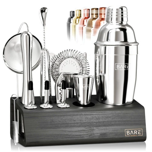 BARE BARREL® Mixology Bartender Kit Bar Set | 14-Piece Cocktail Shaker Set | Martini Barware Mixing Tools for Home Bartending | Incl. 35 Recipe Cards | Gift Set (24oz Cobbler Shaker, Silver/Black)
