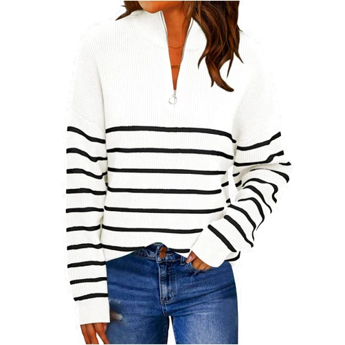 LILLUSORY Women's Quarter Zip Striped Oversized Sweater 2025 Mock Turtleneck Fall Fashion Outfit