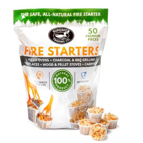 Superior Trading Co. Superior Trading Fire Starter Pods in Plastic Bucket - Fire Starters for Campfires, BBQ, Grill, Pit, Wood Stove & Charcoal Starter, 15-20-Min Burn, 50 Extra Large Pods, USA Made, Brown, 3 Lbs