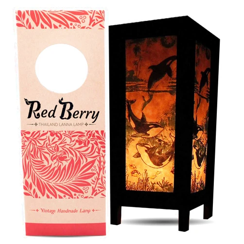 RED BERRY THAILAND LANNA LAMP - Japanese Lamp Bedrooms Bedside Asian Decorative Table Lamp for Nightstand Whale Fish 19L2