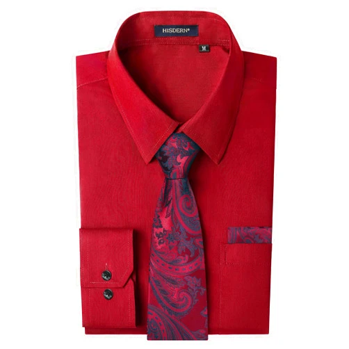 HISDERN Mens Dress Shirt and Tie Handkerchief Set Classic Long Sleeve Shirts Matching Ties Formal Button Down Shirts