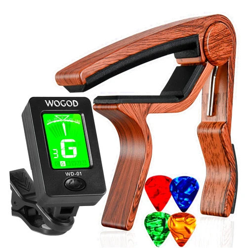WOGOD Guitar Tuner and Guitar Capo, Clip-On Tuner with Rosewood Color Capo for Acoustic Electric Guitar Bass Ukulele