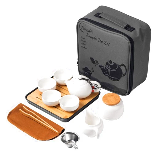 Lyty Chinese Tea Pot Cup Set with Tray Infuser - Travel Ceramic Tea set Porcelain Teapot, Portable All in One Bag for Outdoor Picnic Business Hotel (White)
