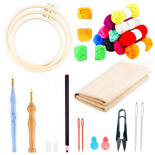 Allazone 17 PCS Punch Needle Embroidery Kits, 3 PCS Plastic Hoops with 3 PCS Punch Needle Cloth, 12 Color Yarn, Punch Needle, Big Eye Needles, Needle Threaders for Punch Needle Kits