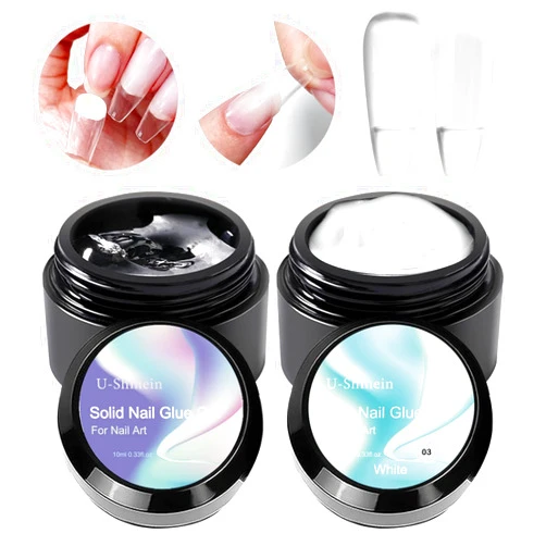 U-Shinein 2x10ml Solid Nail Glue Gel, 2 Colors Nail Tips Acrylic Nails Glue Gel, Press on Solid Glue Gel, Nail Art Manicure Glue Gel, Need UV/LED Lamp Longer Cure (Clear White)