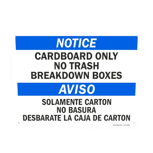 SmartSign 10 x 14 inch “Notice - Cardboard Only, No Trash, Breakdown Boxes” Bilingual Recycling Metal Sign, 40 mil Laminated Rustproof Aluminum, Blue, Black and White, Made in USA