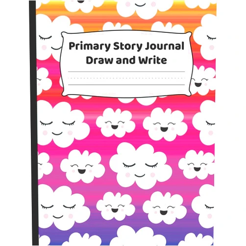 HJ Designs Primary Journal - Draw & Write: K-2 Composition Notebook With Cute Kawaii Clouds & Colorful Sky Cover Design - Create Unique Stories & Illustrations - Dotted Midline To Practice Handwriting