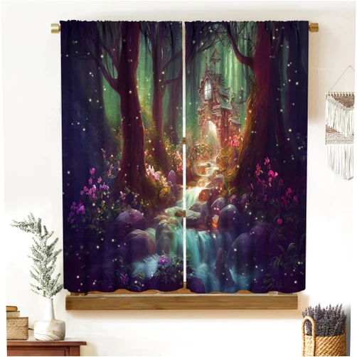 BATPLY Fantasy Forest Curtains, Vintage Mystic Fairy Tale Wood Magic Cabin Waterfall Lush Floral Firefly, Thermal Insulation Blackout Rod Pocket Window Treatments for Living Room Bedroom Bathroom 42x45 Inch