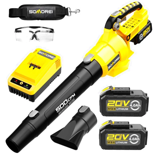 SOMOREI Cordless Leaf Blower - 500 CFM Brushless Electric Blower with 2 Packs 4.0Ah Battery & Charger - Battery Powered - 20V Handheld Lightweight Blower for Lawn | Yard | Garden