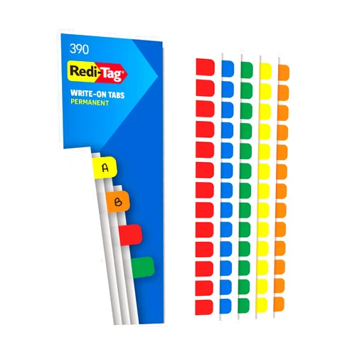 Redi-Tag Write-On Tabs, Permanent Adhesive Index Tabs, Assorted Primary Colors: Yellow, Orange, Red, Blue and Green, 1