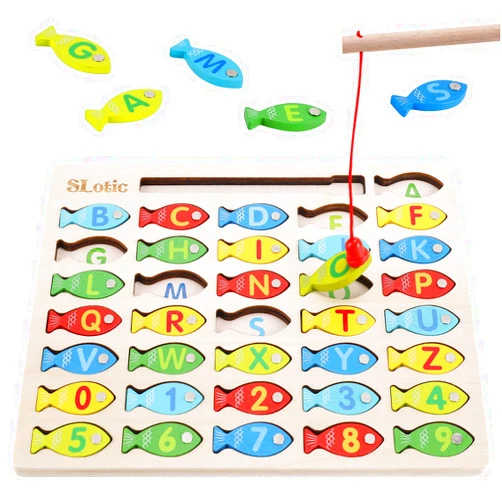 Slotic Magnetic Wooden Fishing Game Toy for Toddlers - Alphabet ABC Fish Catching Counting Learning Education Math Preschool Board Games Toys Gifts for 3 4 5 Years Old Girl Boy Kids