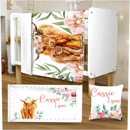 YISMEET Personalized Baby Crib Bedding Set, Tiddler Highland Cattle Set with Name, Including Pillowcase, Double Layer Blanket, Crib Sheet, Newborns Gifts