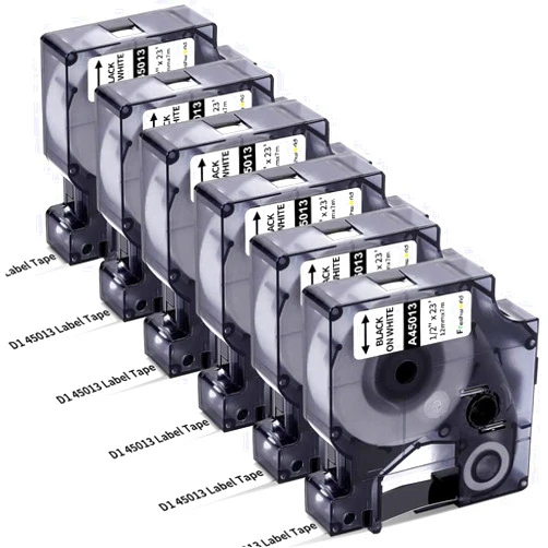 Freshworld 6-Pack Compatible Dymo D1 Label Tape 45013 Dymo Label Maker Refills d1 a45013 S0720530, Black on White, 1/2 Inch x 23 Feet, for Dymo LabelManager 160 210D 260P 280 360D 420P PnP 220P 260P 500TS 450DUO