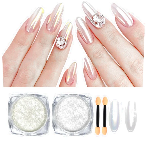 U-Shinein 2 Pcs White Pearl Chrome Nail Powder, Iridescent Mirror Effect Aurora Magic Pearlescent, Glitter Powder Holographic Pigment, Glazed Donut Nails Chrome Powder (Gold & Aurora White)
