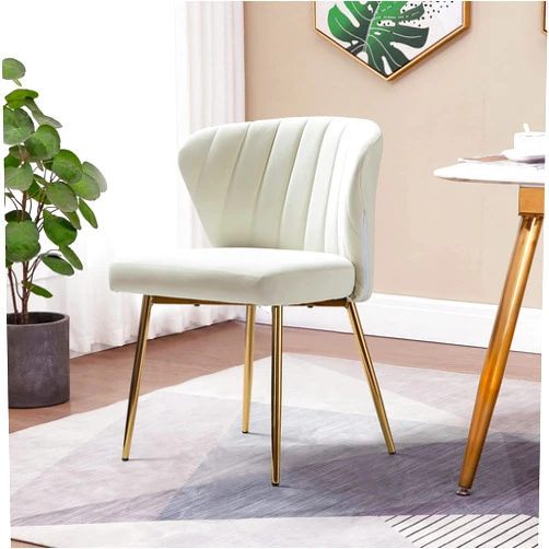 HULALA HOME Velvet Dining Chair, Cute Armless Accent Chair Living Room Chair with Golden Legs, Mid Century Modern Upholstered Side Chair for Kitchen Vanity, IVORY