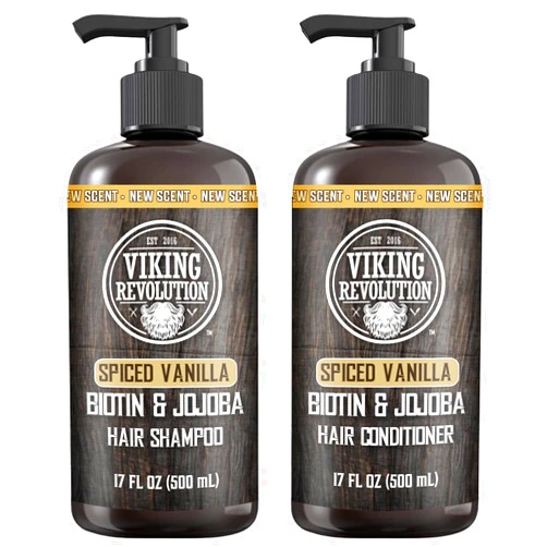 Viking Revolution Spiced Vanilla Mens Shampoo and Conditioner Set with Biotin and Jojoba Oil - Natural Hair Shampoo and Hair Conditioner for Men with Vitamin B5 - Mens Shampoo for Thinning Hair (17Oz)