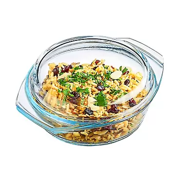 Simax Mini Glass Casserole Dish: Clear Glass Round Casserole Dish with Lid and Handles - Small Covered Bowl for Cooking, Baking, Serving, etc. - Microwave, Dishwasher, and Oven Safe Cookware – 23.5 Oz (.75 Quart), 8 Inch Diameter
