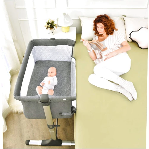 BABY JOY Baby Bedside Crib, Portable Travel Sleeper Bed Side Bassinet w/Carrying Bag, Newborn Bassinet to Infant, Kids Crib with Detachable Mattress, Height & Angle Adjustable, Breathable Mesh, Grey