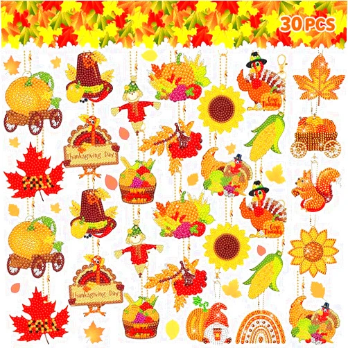 Aignis 30 Pieces/Set DIY Thanksgiving Diamond Painting Keychain Kit, Beginner Full Diamond Gemstone Art Painting, 5D Diamond Painting Gemstone Art Painting Kit