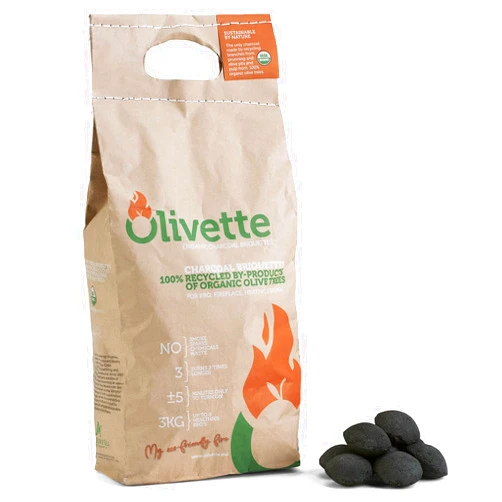 Olivette Organic Charcoal Briquettes USDA Organic Certified, 100% Recycled Olive Tree Byproducts Charcoal Briquettes, Ecological, Grilling, Fireplace and Sauna Heat