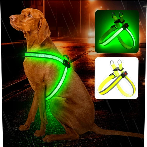 Bpawser Light Up Dog Harness LED No Pull Dog Harness USB Rechargeable Lighted Dog Harness for Night Walking Adjustable Illuminated and Reflective Vest for Small Medium Large Dogs (Green, S)