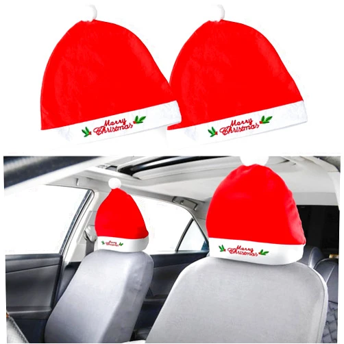 LINKEASE 2-PCS Santa Claus Hat Car Headrest Cover, Cute Vehicle Christmas Decor, Auto Christmas Decoration, Fabric Car Seat Headrest Cover Protector Suitable for Most Car Headrests