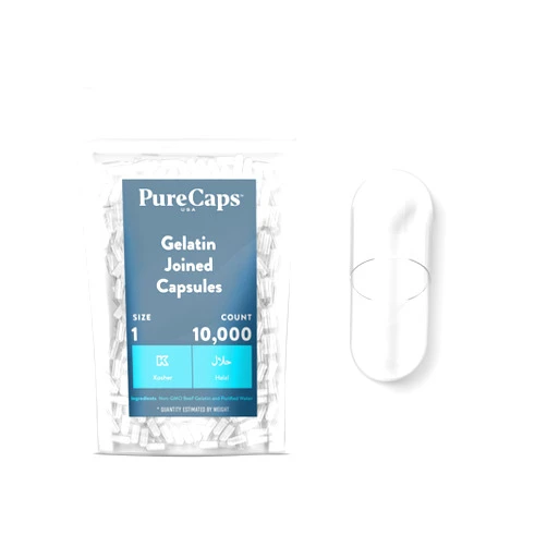 PureCaps USA PurecapsUSA – Empty Clear Gelatin Pill Capsules - Fast Dissolving and Easily Digestible - Preservative Free with Natural Ingredients - (10,000 Joined Capsules) - Size 1