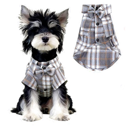 MAMORE Plaid Dog Shirt, Soft Cute Pet Polo T-Shirts for Small Dogs Boy Girl Puppy Outfit Wedding Costume Apparel Thanksgiving Christmas Clothing (Grey, X-Small)
