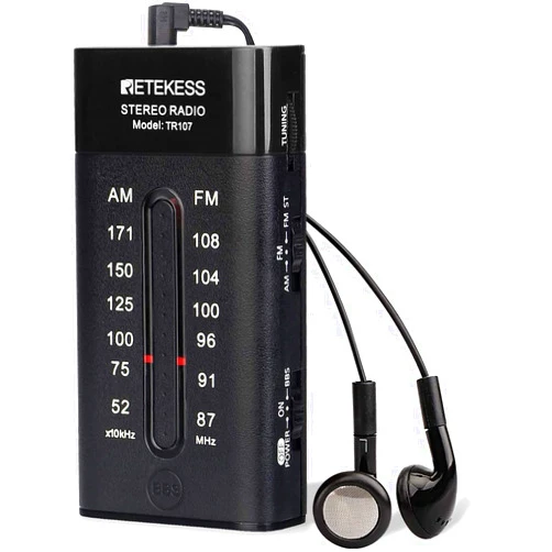 Retekess TR107 Pocket Radio AM FM, Portable Radio with Headphones, AAA Battery Operated, FM Stereo and Bass Boost, Ideal for Walking, Jogging(Black)