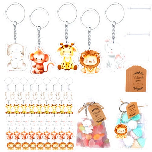 Wettarn 150 Pcs Jungle Safari Animals Baby Shower Favors Party Favors, 50 Cute Keychain with 50 Organza Bags Thank You Kraft Tags and Rope for Guests Girls Boys Birthday Party Supplies
