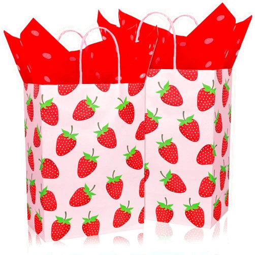 Whaline 16Pcs Strawberry Party Favor Bags with 20 Sheets Red Tissue Paper Pink Paper Gift Bags with Handles Fruit Goodie Treat Bags for Sweet One Birthday Baby Shower Party Supplies
