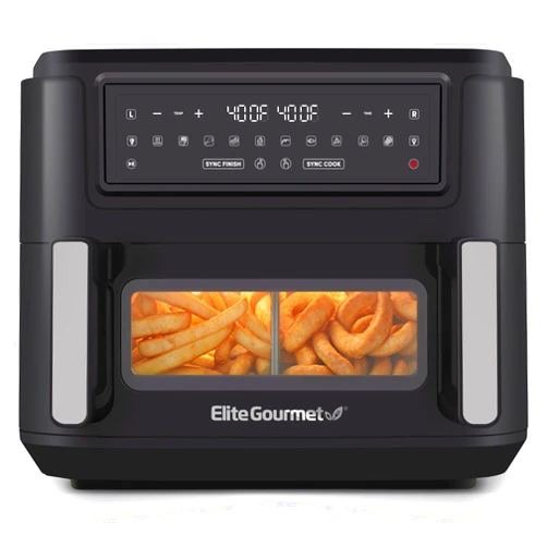Elite Gourmet EAF1055D Dual Zone Air Fryer Oven, 11QT. Capacity with Divider 2 Independent Cook Zones, Dishwasher Safe Basket, 10 Preset Functions, 1600-Watts, with Recipe Booklet, Black