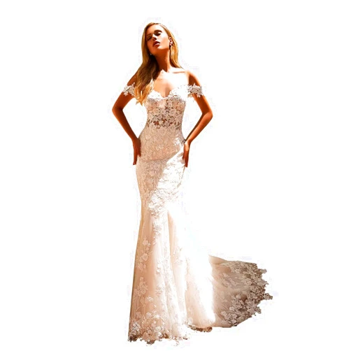 Hegabch Mermaid Wedding Dresses for Bride 2024 Off Shoulder Flower Appliques Tulle Boho Beach Bride Dress Detachable Train He1021