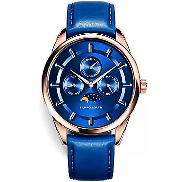Filippo Loreti Venice - Italian Design Moonphase Watches 40mm Blue Dial Sapphire Glass | Blue Italian Leather Strap | Rosegold 316L Stainless Steel Case | Japan Movement | Elegant Men's Wrist Watch