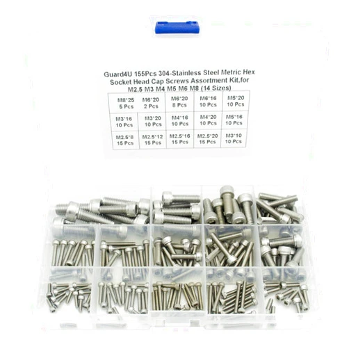 Guard4U 155Pcs 304-Stainless Steel Metric Hex Socket Head Cap Screws Assortment Kit,for M2.5 M3 M4 M5 M6 M8 (14 Sizes)