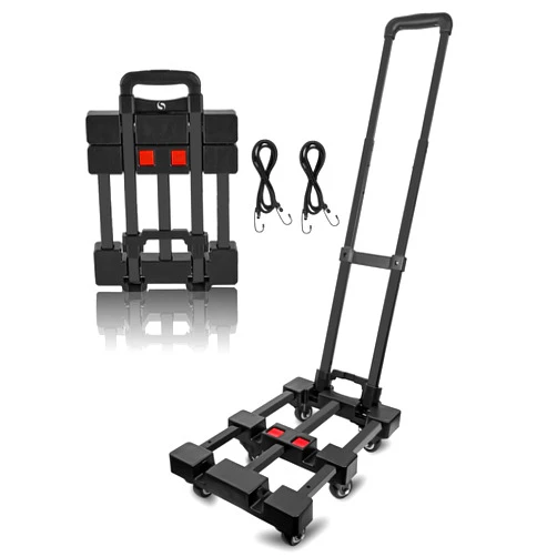 SERVOMASTER Folding Hand Truck, Hand Truck Dolly 500 LB Heavy Duty, Foldable Luggage Cart with 6 Wheels and 2 Elastic Cords with Adjustable Handle for Luggage, Travel, Shopping, Office Moving, Black
