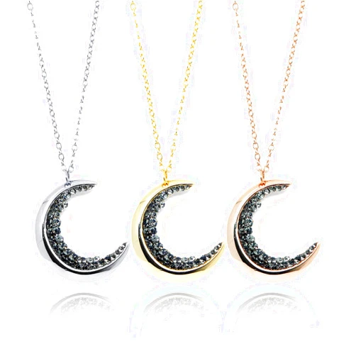 MignonandMignon Gold Plated Crescent Moon Necklace with Black Diamond Crystals Mothers Day Gift - ZCMN