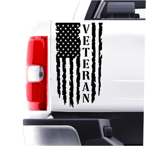 GRIT KULTURE GRITKULTURE Veteran Distressed American Flag Vinyl Decal 17 inch by 9 inches for Trucks, Tailgate, Cars, and Windows Compatible with Most Pickup Flag - Rear Graphic USA, US Flag Car Sticker (Black)