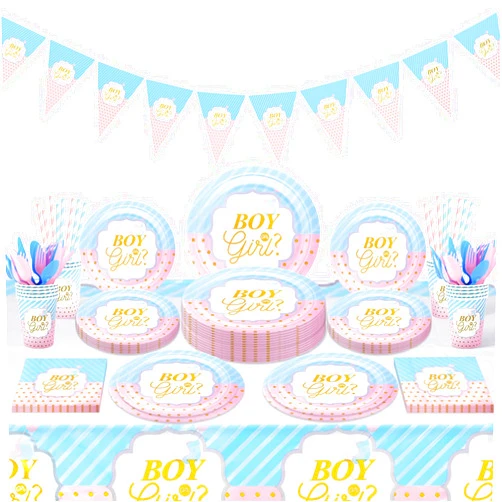 Gistome Gender Reveal Party Tableware Set - 114 Pcs Boy or Girl Paper Plates Cups Napkins Straws Tableware Set Tablecloth Banner Tableware Supplies Baby Shower Decorations
