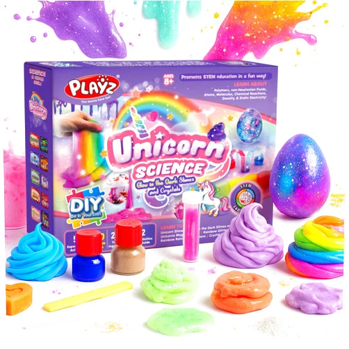 Playz Unicorn Slime & Crystals 100+ Science Experiments Kit Gift for Girls & Boys to Make Glow in The Dark Unicorn Poop, Snot, Fluffy Slime, Crystals, Putty, Arts & Crafts for Kids Age 8-12